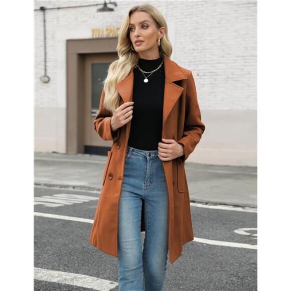 Women Mid-Long Coat Notch Double-Breasted Camel - Picture 3 of 5